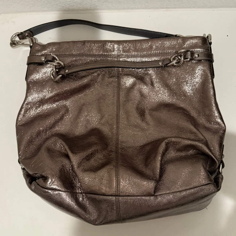COACH Brooke Large Leather Metallic Gunmetal Silver Hobo Slouchy Bag F16618